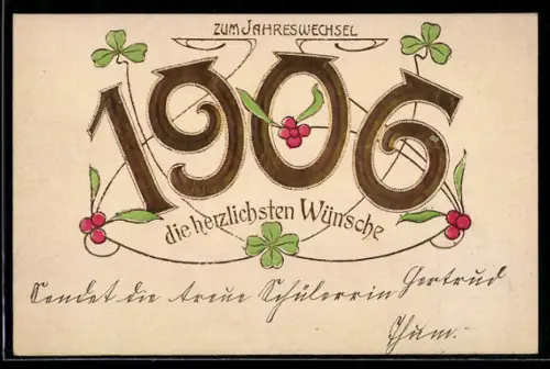 Präge-AK Goldene Jahreszahl mit Kleeblättern, Neujahrsgruss