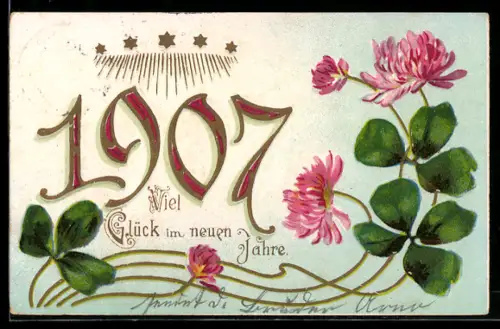 AK Goldene Jahreszahl mit lilanen Akzenten und blühendem Klee, Neujahrsgruss