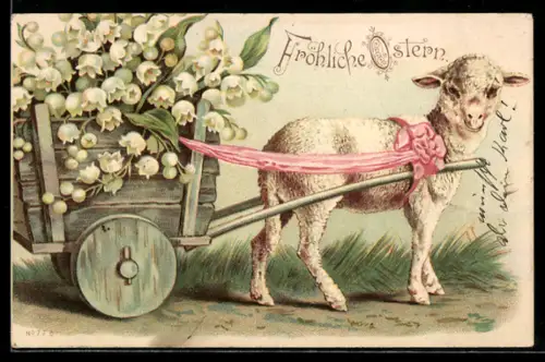 AK Lamm an einem Karren mit Maiglöckchen gebunden, Fröhliche Ostern