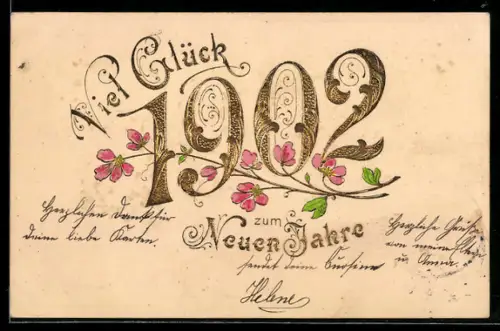 AK Goldene Jahreszahl mit blühenden Blumen, Neujahrsgruss