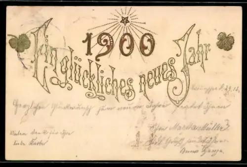 AK Goldene Jahreszahl mit Stern und Kleeblättern, Neujahrsgruss