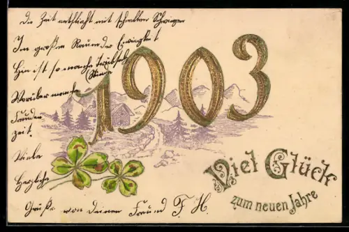 AK Goldene Jahreszahl mit Kleeblättern vor einer einsamen Hütte, Neujahrsgruss