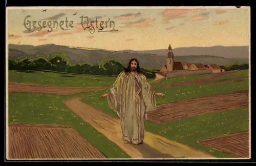 Künstler-AK Fröhliche Ostern, Jesus segnet das Land