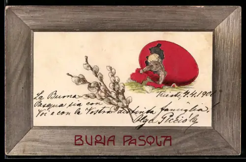 Präge-AK Kind bricht aus einem Osterei hervor, Ostergruss