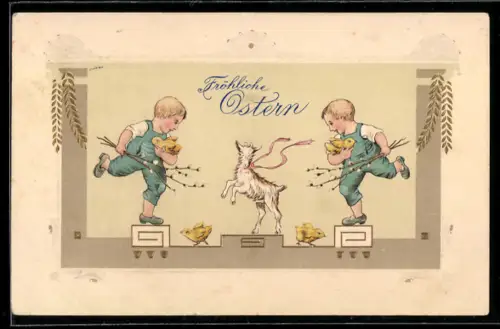 Präge-AK Kinder mit Osterküken auf den Armen und einer Ziege zwischen sich, Ostergruss