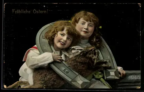 AK Zwei junge Kinder mit Hufeisen und einem Osterhasen, Ostergruss