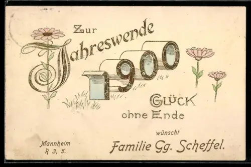 AK Jahreszahl mit goldenen Akzenten und blühenden Blumen, Neujahrsgruss