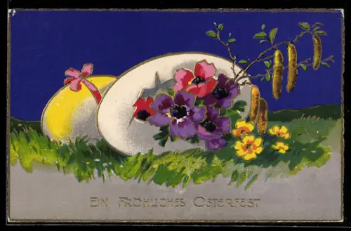 AK Blumen schlüpfen aus Ostereiern, Ostergruss