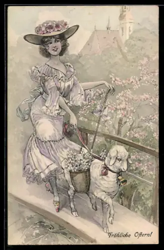 AK Elegante Dame führt ein Schaf spazieren, Fröhliche Ostern!