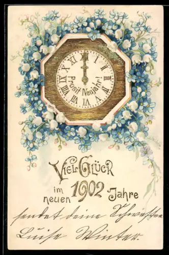 AK Goldene Uhr schlägt Neujahr an, Maiglöckchen und Vergissmeinnicht, Neujahr 1902