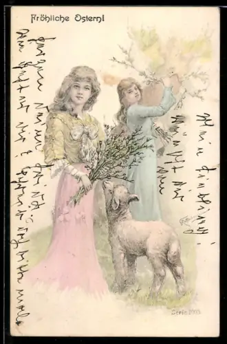 AK Mädchen pflücken Weidenkätzchen auf der Wiese, Fröhliche Ostern