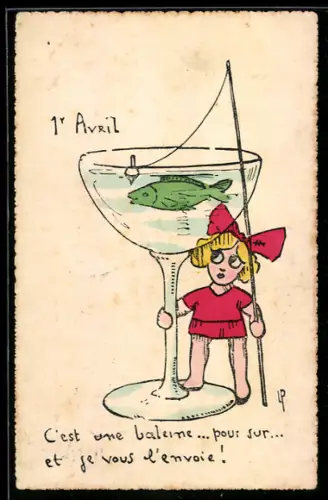 AK Mädchen betrachtet den Fisch im Glas, 1er Avril, 1. April