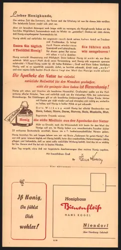 Klapp-AK Niendorf /Hamburg, Honighaus Bienenfleiss Hans Kogel, Produktinformation, Bestellkarte
