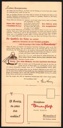 Klapp-AK Niendorf /Hamburg, Honighaus Bienenfleiss Hans Kogel, Bestellkarte und Produktliste
