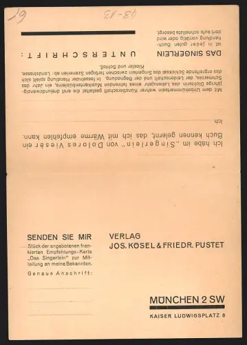 Klapp-AK Das Singerlein, EIne Liebesgeschichte von Dolores Vieter, Verlag Jos. Kösel & Friedr. Pustet München