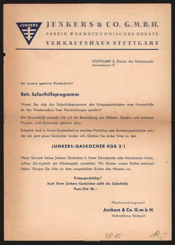 Klapp-AK Stuttgart, Junkers & Co. GmbH, Fabrik Wärmetechnischer Geräte, Verkaufshaus Stuttgart
