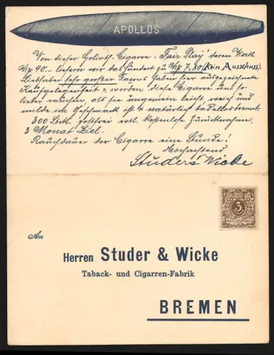Klapp-AK Bremen, Studer & Wicke, Tabak- und Zigarren-Fabrik, Zigarre der Marke Apollos
