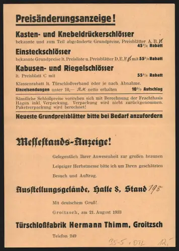 Klapp-AK Groitzsch /Leipzig, Türschlossfabrik Hermann Thimm, Reklame