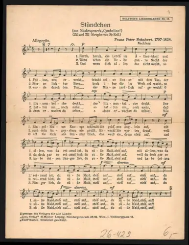 Künstler-Klapp-AK O. Peter: Ständchen, Horch, horch, die Lerche, Lied von Franz Schubert, Notenblatt zum Ständchen
