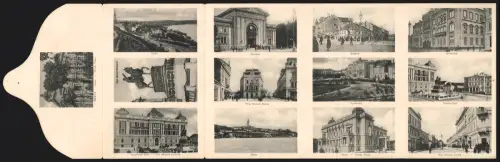 Leporello-AK Belgrad, Königl. Palais, Fürst Michael Monument, Bahnhof