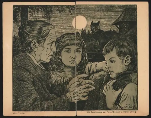 Klapp-Künstler-AK Hans Thoma: Grossmutter spricht mit ihren Enkeln am Abend