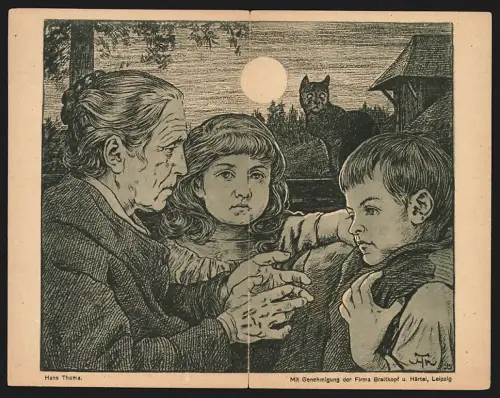 Klapp-Künstler-AK Hans Thoma: Grossmutter spricht mit ihren Enkeln am Abend