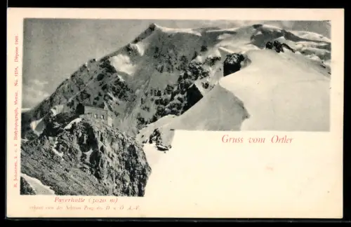 AK Payerhütte /Ortler, Berghütte mit verschneitem Gipfel