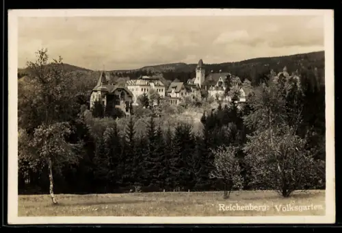 AK Reichenberg, Volksgarten, Ortspartie aus der Vogelschau