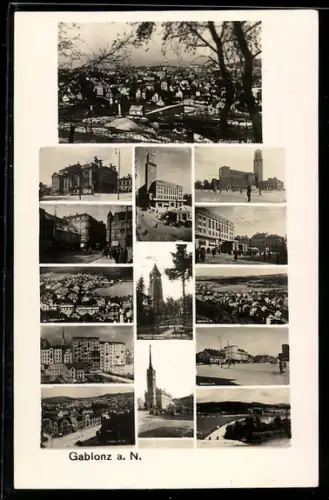 AK Gablonz a. N., Ortsansicht, Strassenpartie und Kirche, verschiedene Ansichten der Stadt