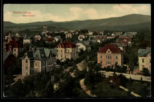 AK Reichenberg, Villenviertel aus der Vogelschau