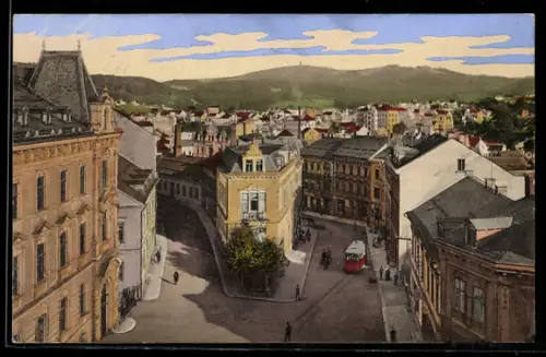 AK Gablonz a. Neisse, Ortsansicht, Strassenpartie mit Strassenbahn