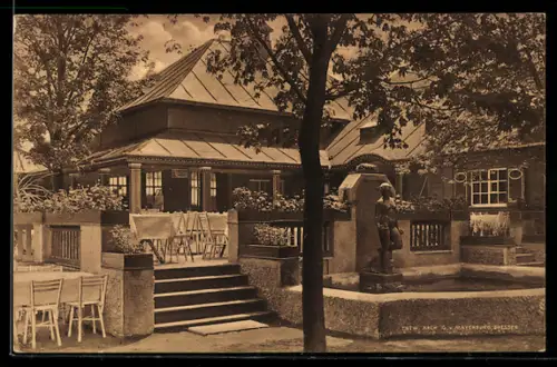 AK Dresden, Internationale Hygiene Ausstellung 1911, akademische Kneipe mit Brunnen davor