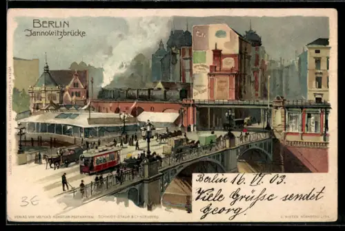 Künstler-AK Heinrich Kley: Berlin, Jannowitzbrücke, Strassenbahn