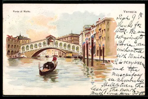 Lithographie Venezia, Ponte di Rialto, Gondel um 1900