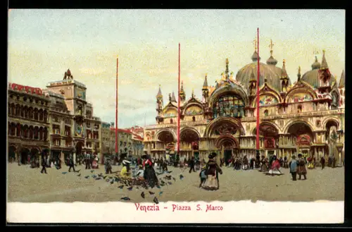 AK Venezia, Piazza S. Marco, Frauen mit Kindern füttern Tauben auf dem Markusplatz