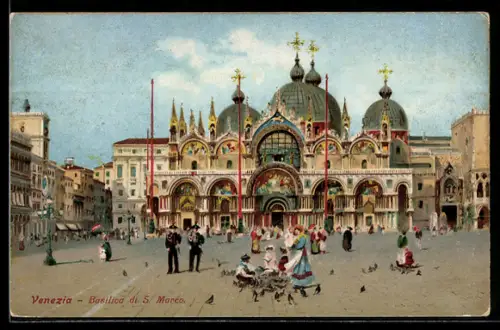 AK Venezia, Basilica di S. Marco, Kinder füttern Tauben