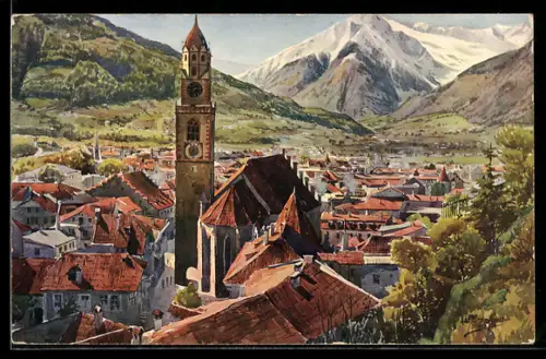 Künstler-AK J.Marschall: Meran, Teilansicht mit Kirche nach Westen