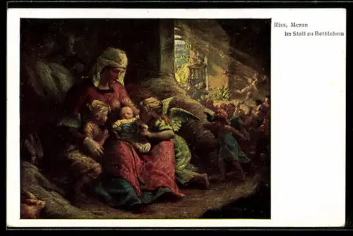 Künstler-AK Thomas Riss: Die Heiligkeit der Mutterschaft, Stall nach Christi Geburt, Engel