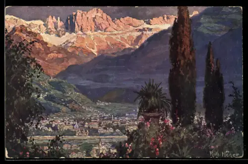 Künstler-AK Rudolf Alfred Höger: Bolzano-Gries, Panorama col Catinaccio