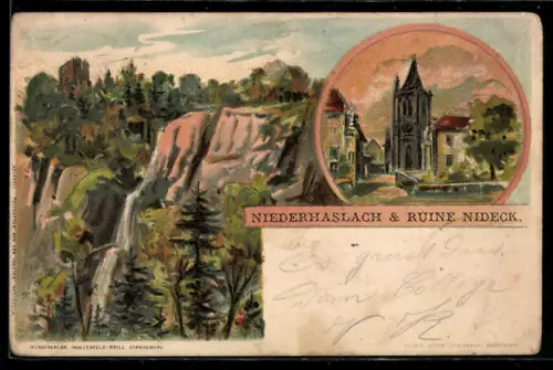Künstler-AK Niederhaslach, Wasserfall, Ruine Nideck