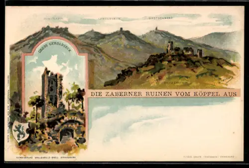 Lithographie Zabern, Ruinen vom Köpfel aus und Gross Geroldseck