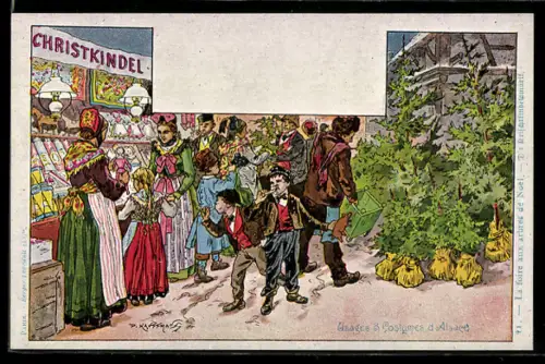 Künstler-Lithographie Usages & Costumes d`Alsace, Christkindelmarkt im Elsass