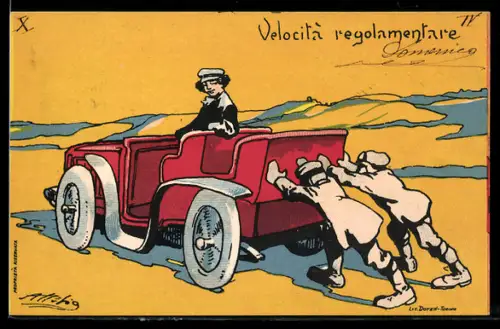 Künstler-AK Auto mit Panne, die Männer schieben während die Dame lenkt