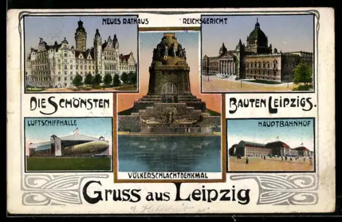 AK Leipzig, Luftschiffhalle mit Zeppelin, Völkerschlachtdenkmal, Reichsgericht
