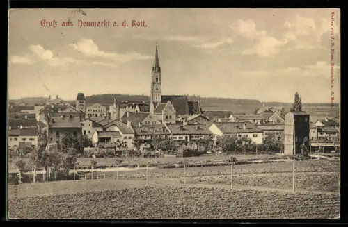 AK Neumarkt a. d. Rott, Stadtansicht mit Kirche und Feldern