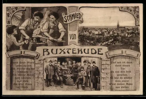AK Buxtehude, Schmied, Stadtansicht, Schmiedegesellen