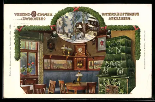 AK Auersberg, Unterkunftshaus, Zwickauer Vereinszimmer, Winteransicht, Kachelofen