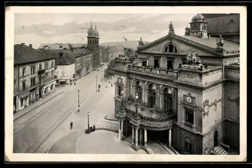 AK Plzen, Mestske divadlo, Sicht auf die Synagoge