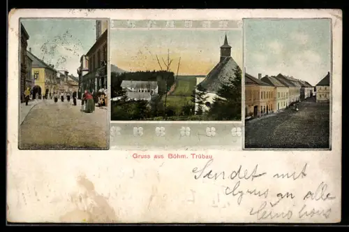 AK Böhmisch Trübau, Kirche und Strassenpartien
