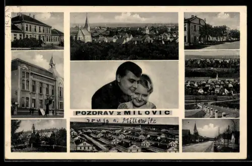 AK Milovice, Cástecný pohled, Kostel, Ulice